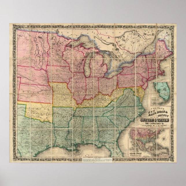 Affiche Colton's Railroadand County Map, United States (Devant)