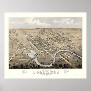 Affiche Columbus, carte panoramique de WI - 1868