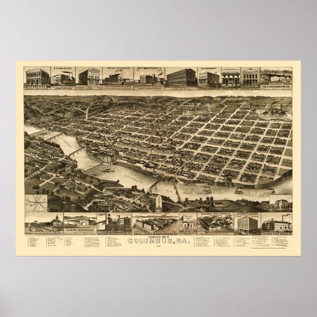 Affiche Columbus, GA Carte panoramique - 1886 (Devant)