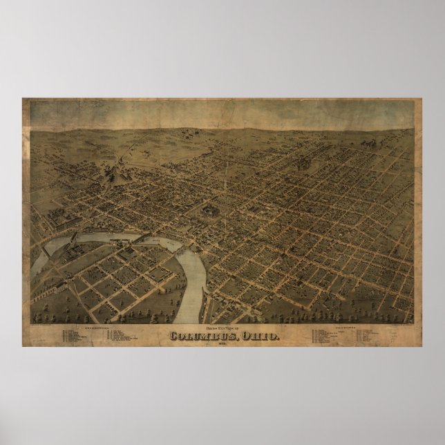 Affiche Columbus Ohio 1872 Antique Carte Panoramique (Devant)