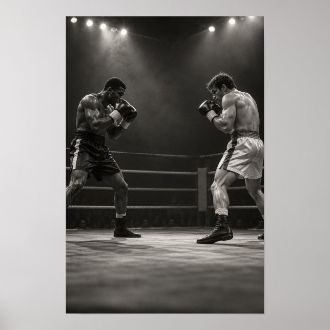 Affiche Combat de boxe noir et blanc Deux boxeurs masculin (Devant)