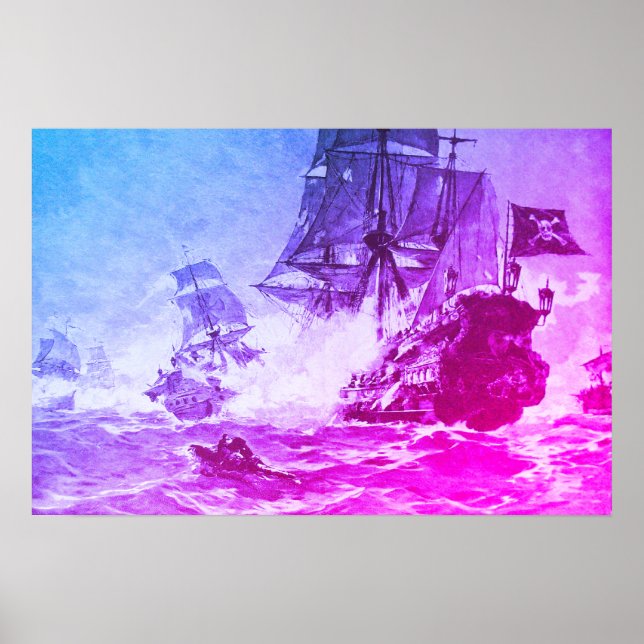 AFFICHE COMBAT DE NAVIRE PIRATE EN BLEU VIOLET (Devant)