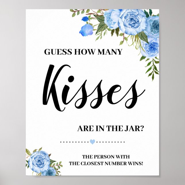 Affiche Combien de bisous Jeu de Baby Shower Fleurs Bleues (Devant)