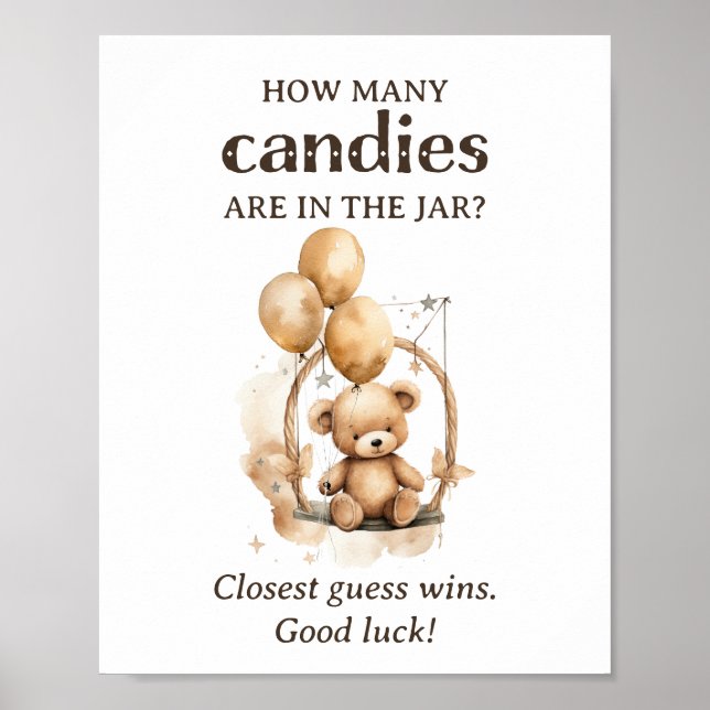 Affiche Combien de bonbons Baby shower d'ours en peluche (Devant)