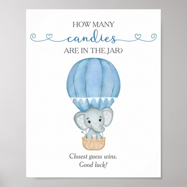 Affiche Combien de bonbons Blue Elephant Baby shower Jeu (Devant)