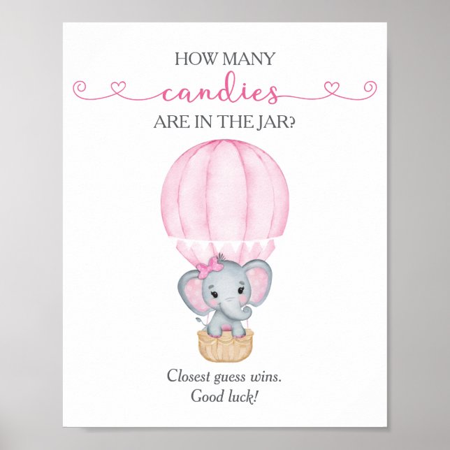 Affiche Combien de bonbons Éléphant Rose Baby Shower Jeu (Devant)
