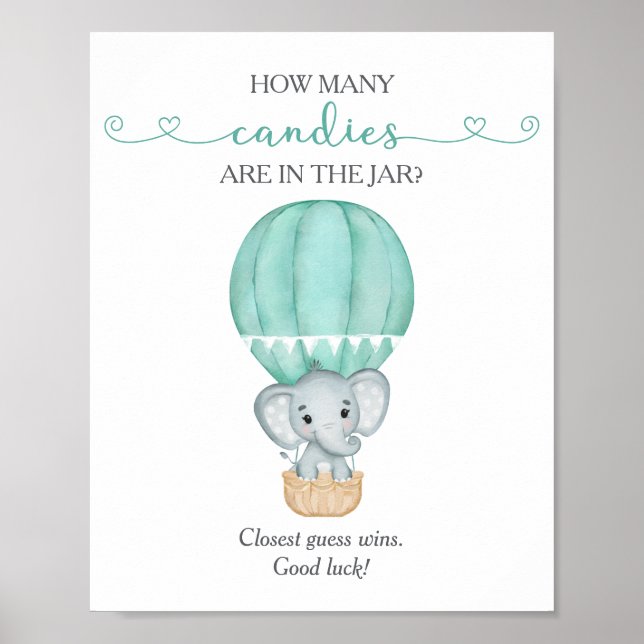 Affiche Combien de bonbons Green Elephant Baby shower Jeu (Devant)