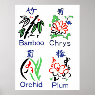 Affiche Combinaisons de fleurs de Mahjong, Bleu, Rouge, Ve