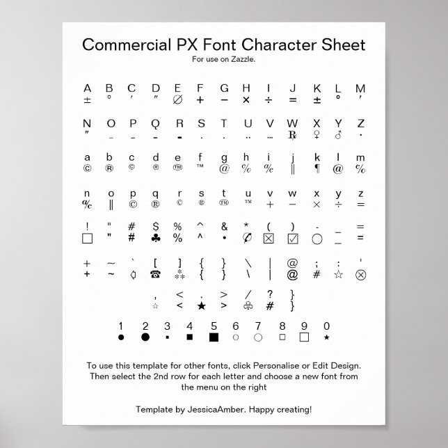 Affiche Commercial PX Font Character Sheet for Zazzle (Devant)