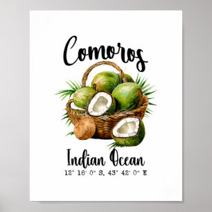 Affiche Comores Cocotier Océan Indien Île Tropicale Gps V