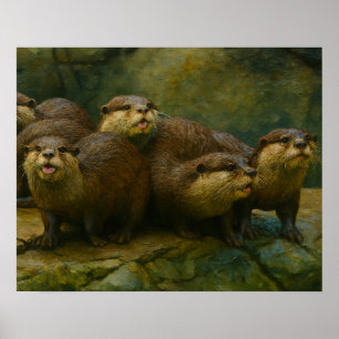 Affiche Compagnie curieuse - Famille Otter sur les rochers