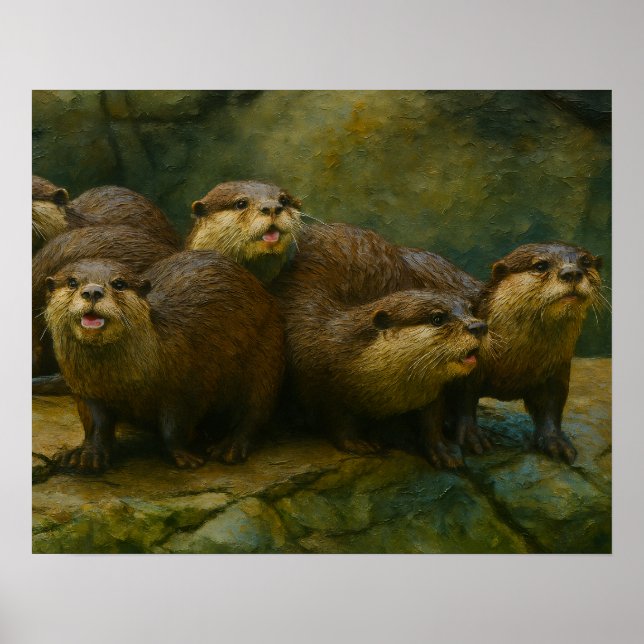 Affiche Compagnie curieuse - Famille Otter sur les rochers (Devant)
