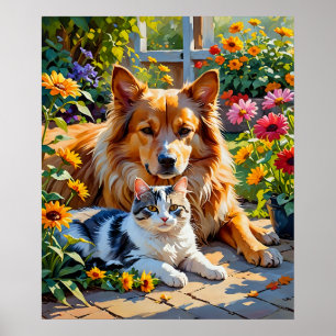 Affiche Compagnons de jardin Chat et Chien