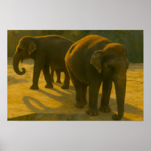 Affiche Compagnons d'or - Trio d'éléphants à lumière chaud