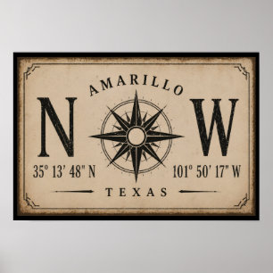 Affiche Compas Coordonnées Vintage Amarillo Texas