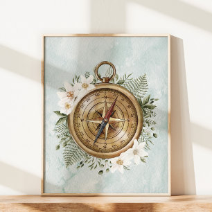 Affiche Compas Floral Fleurs Aquarelle et Feuilles Vertes