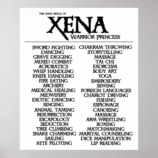 Affiche Compétences De Xena (Devant)