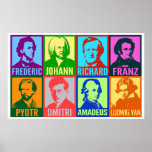 Affiche Compositeurs Pop Art Music | Bright Mod<br><div class="desc">Des couleurs vives ajoutent un esprit pop art moderne à ces portraits graphiques stylisés de compositeurs célèbres. Chaque portrait est conçu avec deux couleurs intenses différentes et a le prénom des artistes placé ci-dessous dans une police audacieuse et propre. Huit compositeurs sont présentés : Chopin, Bach, Wagner, Schubert, Tchaikovsky, Shostakovich,...</div>