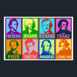 Affiche Compositeurs Pop Art Music | Bright Mod<br><div class="desc">Des couleurs vives ajoutent un esprit pop art moderne à ces portraits graphiques stylisés de compositeurs célèbres. Chaque portrait est conçu avec deux couleurs intenses différentes et a le prénom des artistes placé ci-dessous dans une police audacieuse et propre. Huit compositeurs sont présentés : Chopin, Bach, Wagner, Schubert, Tchaikovsky, Shostakovich,...</div>