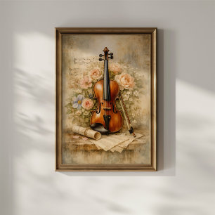 Affiche Composition de violon vintage floral