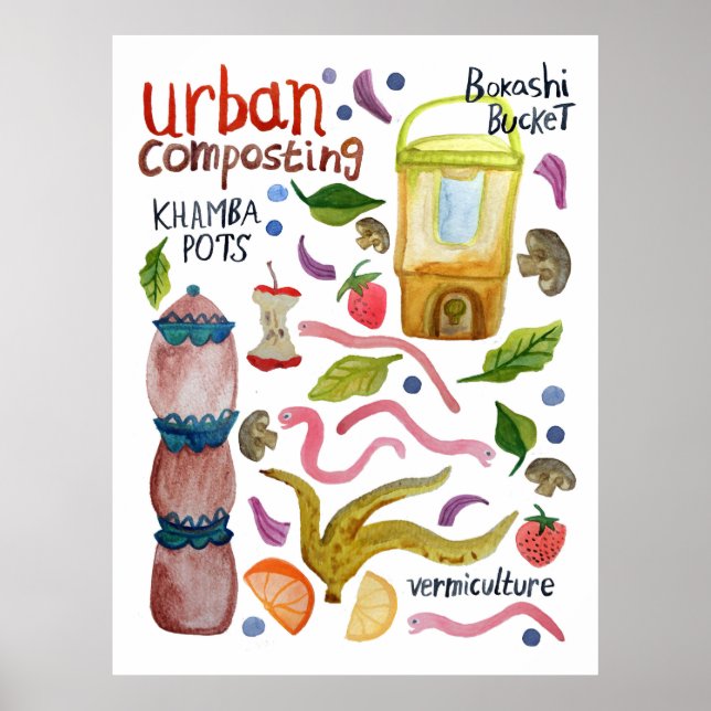 Affiche Compostage aquarelle Art éco-recyclé (Devant)