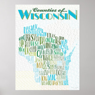 Affiche Comtés de la carte typographique du Wisconsin