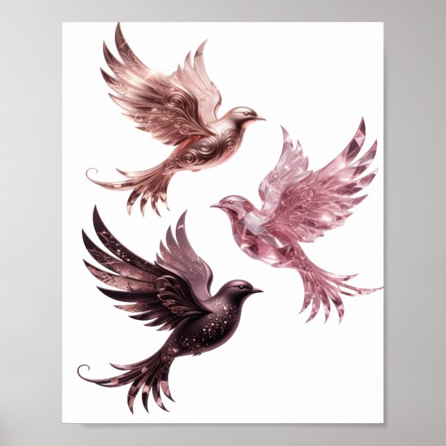 Affiche Conception argentée accrocheuse TROIS OISEAUX ROSE (Devant)