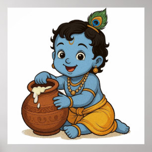 Affiche Conception artistique de Krishna bébé bleu et jaun