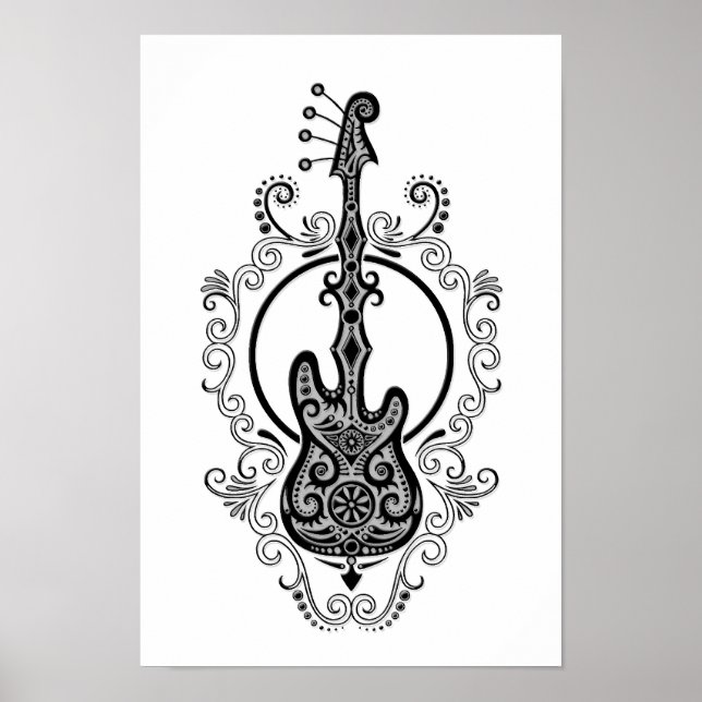 Affiche Conception complexe de la guitare basse noire sur  (Devant)