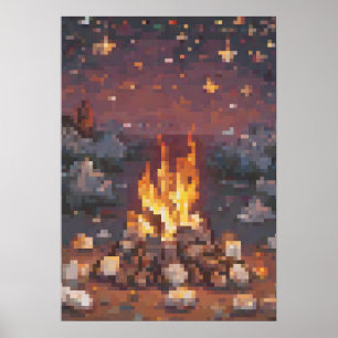 Affiche Conception d'art pixel rétro camping - Feu de camp
