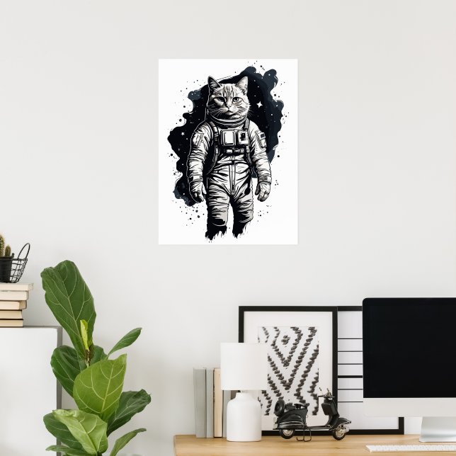 Affiche Conception d'astronaute de chat à encre noire (Bureau à domicile)