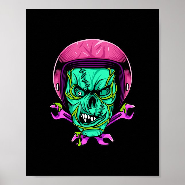 Affiche Conception de casque de motard squelette zombie né (Devant)