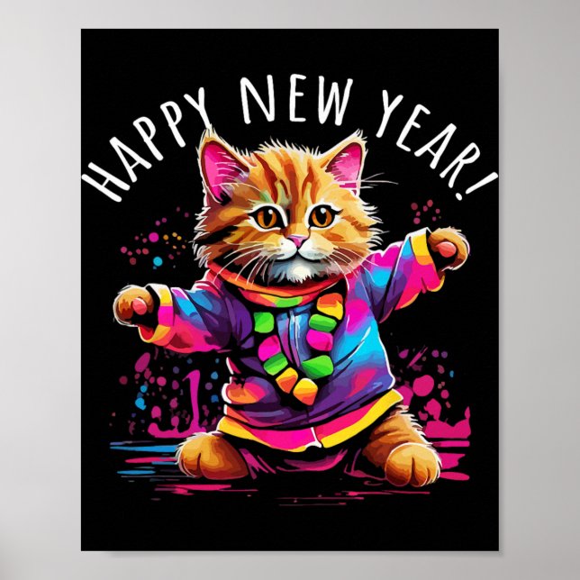 Affiche Conception de chat dansant pour la fête de la nouv (Devant)
