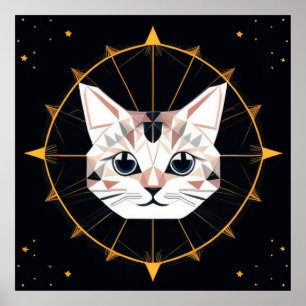 Affiche Conception de chat géométrique entourée d'étoiles 