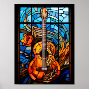 Affiche Conception de fenêtre en verre coloré à guitare ac