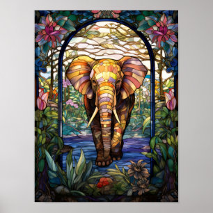 Affiche Conception de fenêtre en verre coloré éléphant