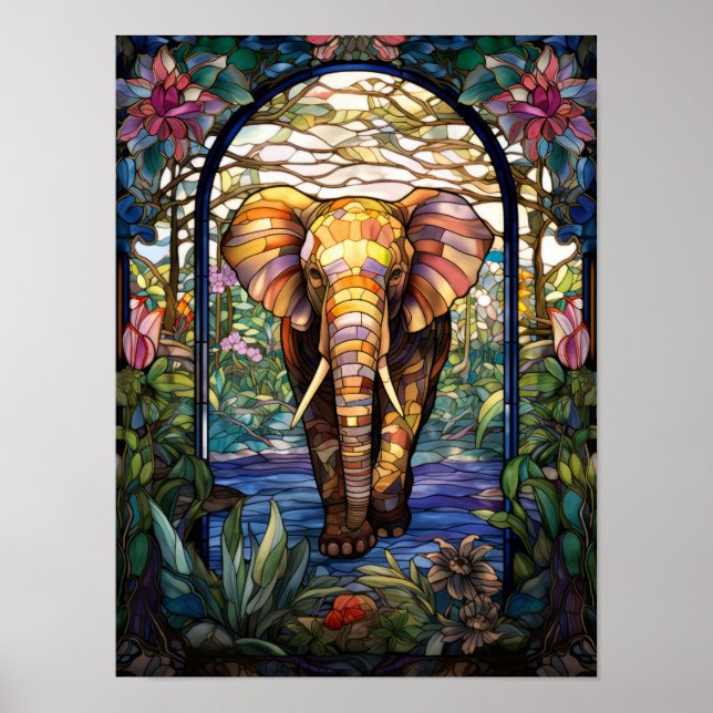 Affiche Conception de fenêtre en verre coloré éléphant (Devant)