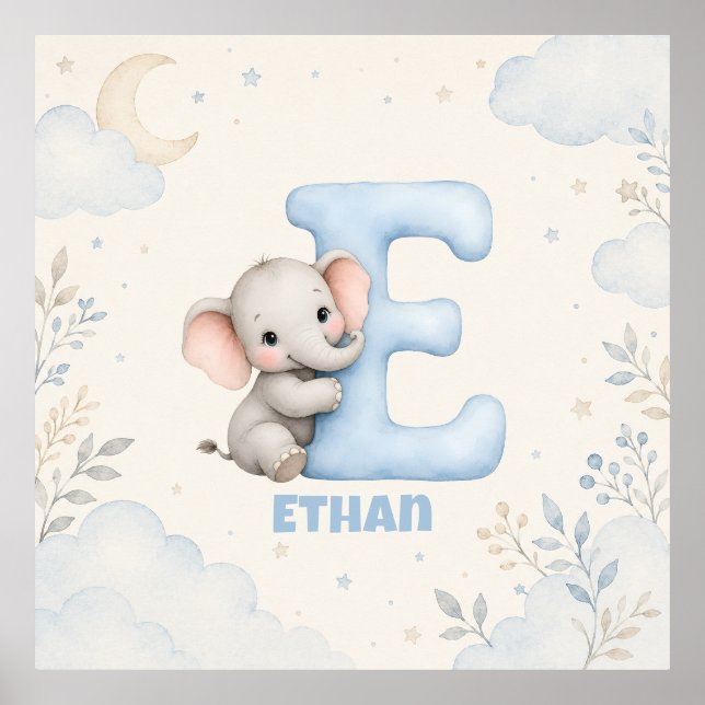 Affiche Conception de lettre E d'éléphant de bébé personna (Devant)