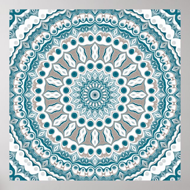 Affiche Conception de mandala radiante sarcelle et crème (Devant)
