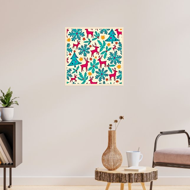 Affiche Conception de motif d'arbre sarcelle de renne rose (Salon 3)