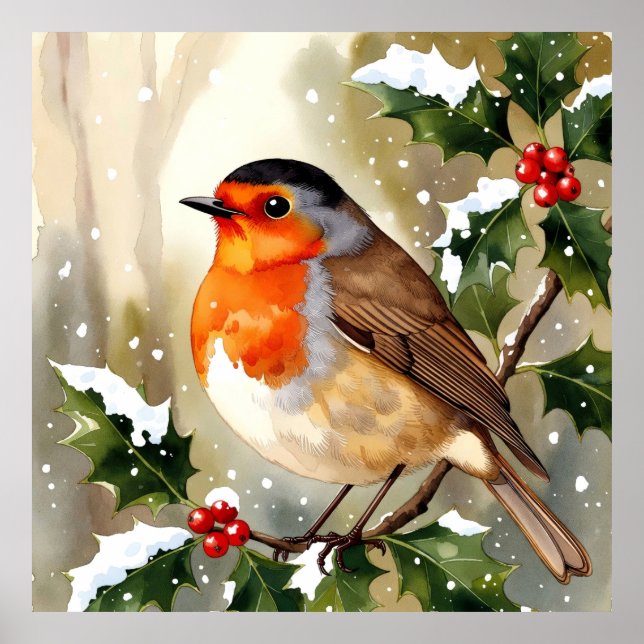 Affiche Conception de Noël de rouge-gorge à l'aquarelle (Devant)