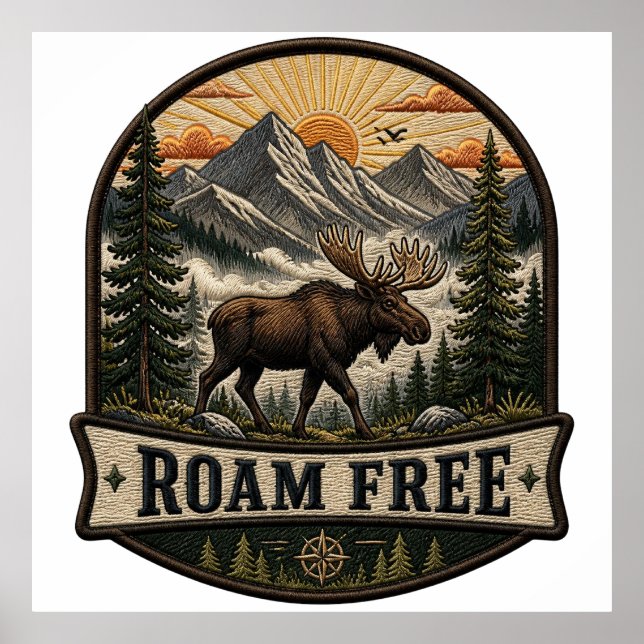 Affiche Conception de patch brodé d'orignal Roam Free (Devant)