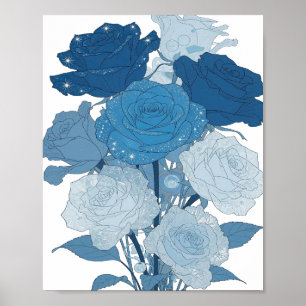 Affiche Conception de ROSES BLEUES argentées audacieuses