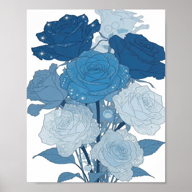 Affiche Conception de ROSES BLEUES argentées audacieuses (Devant)