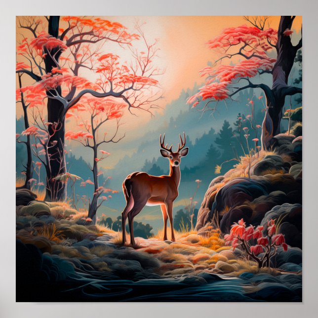 Affiche Conception de scène forestière avec cerfs automnal (Devant)