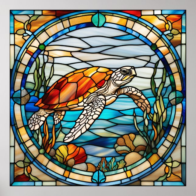 Affiche Conception de tortue marine aspect vitrail (Devant)