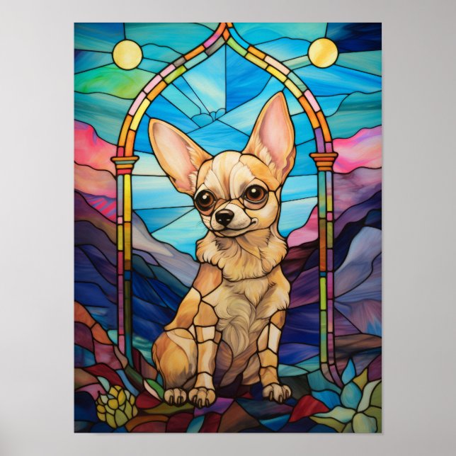 Affiche Conception de vitrail de Chihuahua mignon (Devant)
