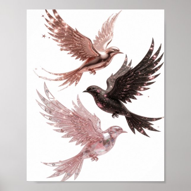Affiche Conception élégante argentée TROIS OISEAUX BÉNIS (Devant)