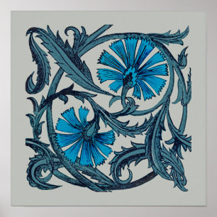 Affiche conception graphique d'art de fleur antique bleu v