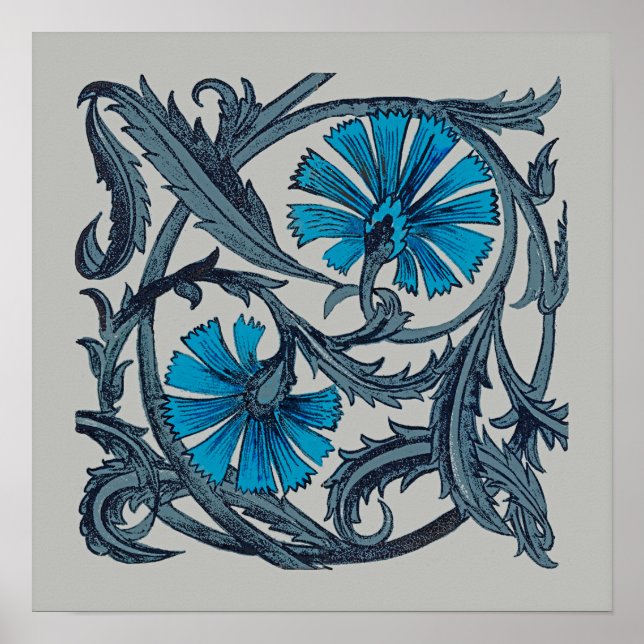 Affiche conception graphique d'art de fleur antique bleu v (Devant)